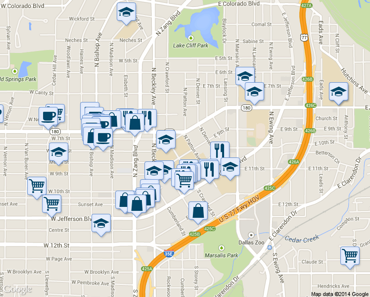 map of restaurants, bars, coffee shops, grocery stores, and more near 208 South Crawford Street in Dallas