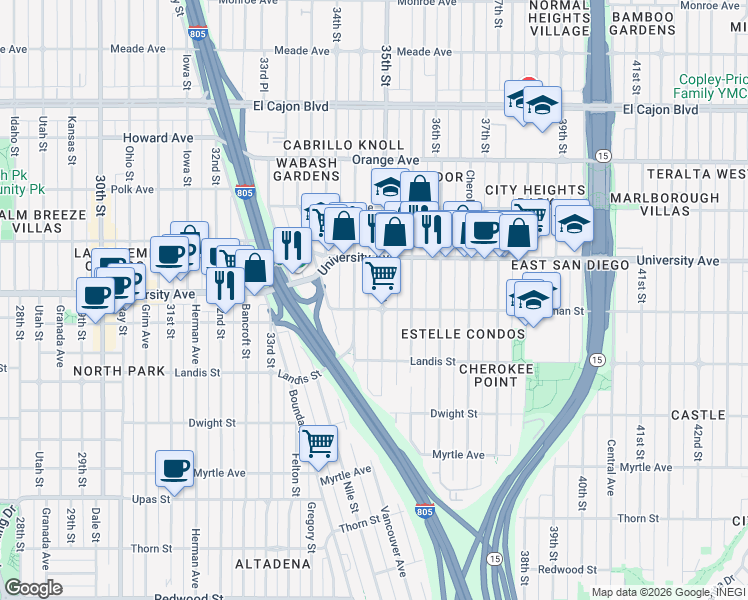 map of restaurants, bars, coffee shops, grocery stores, and more near 3814 35th Street in San Diego