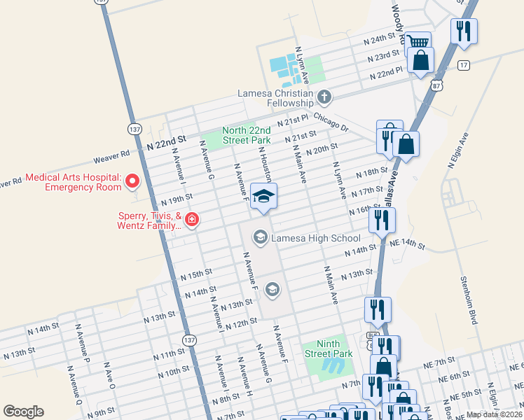 map of restaurants, bars, coffee shops, grocery stores, and more near 600-698 North 17th Street in Lamesa