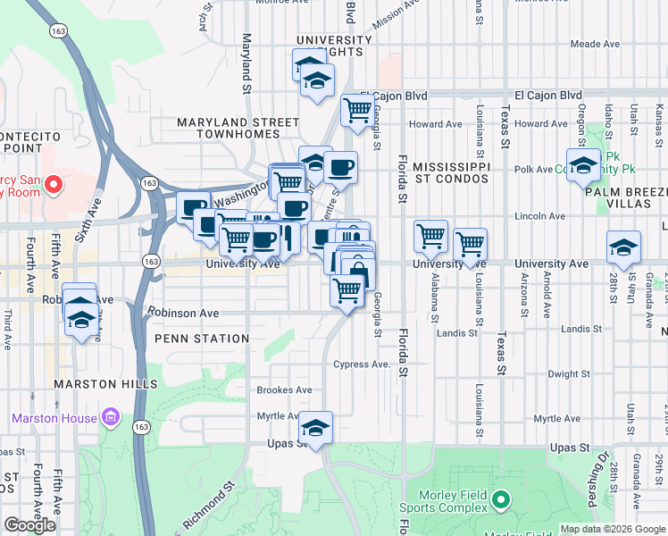 map of restaurants, bars, coffee shops, grocery stores, and more near in San Diego