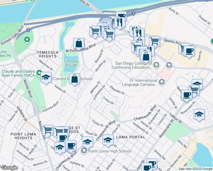 map of restaurants, bars, coffee shops, grocery stores, and more near 3761 Oleander Drive in San Diego