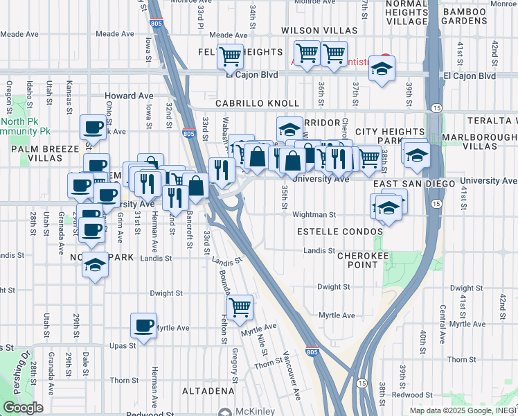 map of restaurants, bars, coffee shops, grocery stores, and more near 3808 Swift Avenue in San Diego