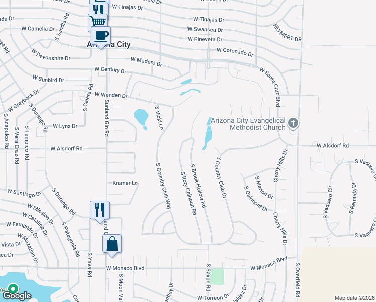 map of restaurants, bars, coffee shops, grocery stores, and more near 14521 South Rory Calhoun Road in Arizona City