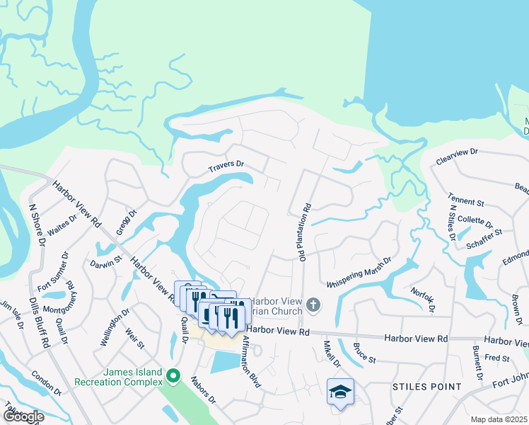map of restaurants, bars, coffee shops, grocery stores, and more near 588 White Chapel Circle in Charleston