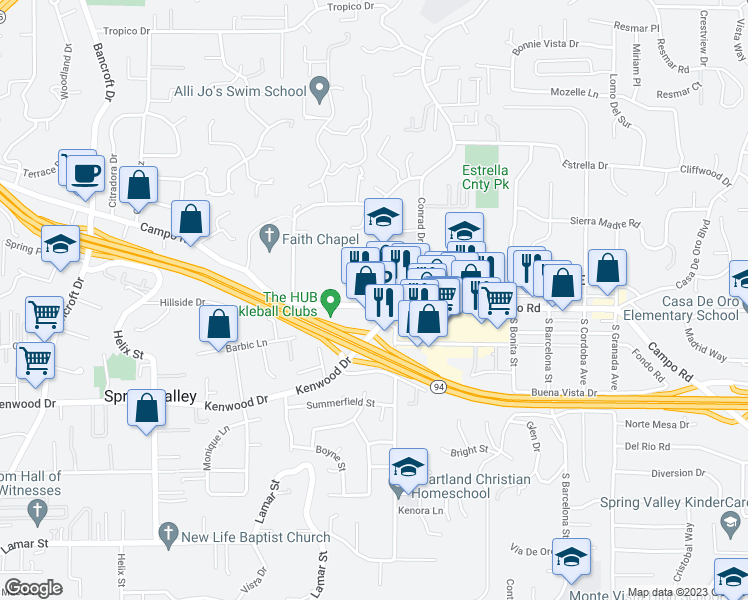map of restaurants, bars, coffee shops, grocery stores, and more near 9620 Campo Road in Spring Valley