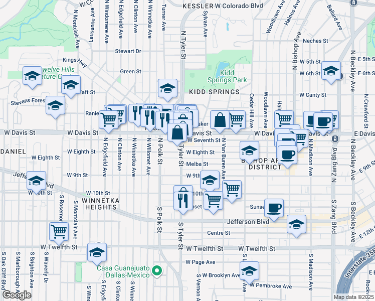 map of restaurants, bars, coffee shops, grocery stores, and more near 829 West Eighth Street in Dallas