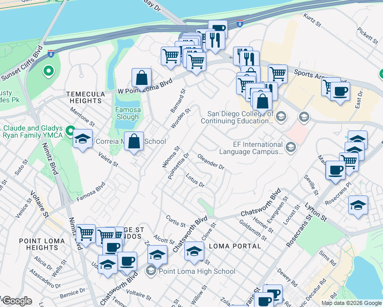 map of restaurants, bars, coffee shops, grocery stores, and more near 3761 Oleander Drive in San Diego