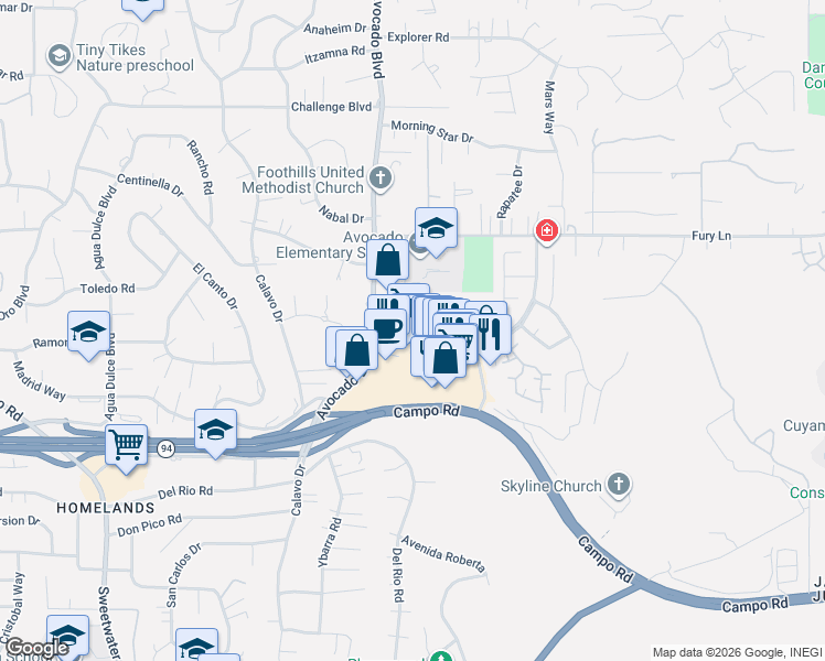 map of restaurants, bars, coffee shops, grocery stores, and more near 3787 Avocado Boulevard in La Mesa