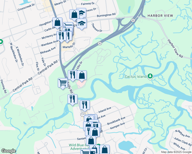 map of restaurants, bars, coffee shops, grocery stores, and more near 692 Ellis Oak Avenue in Charleston
