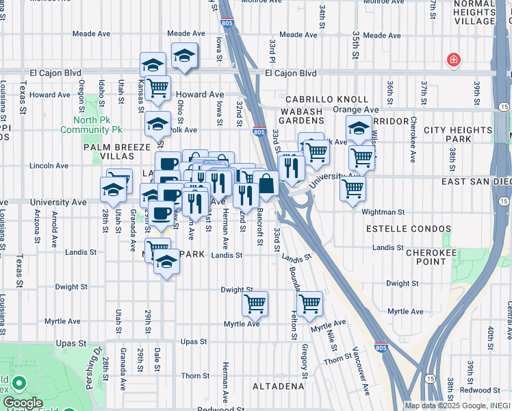 map of restaurants, bars, coffee shops, grocery stores, and more near in San Diego