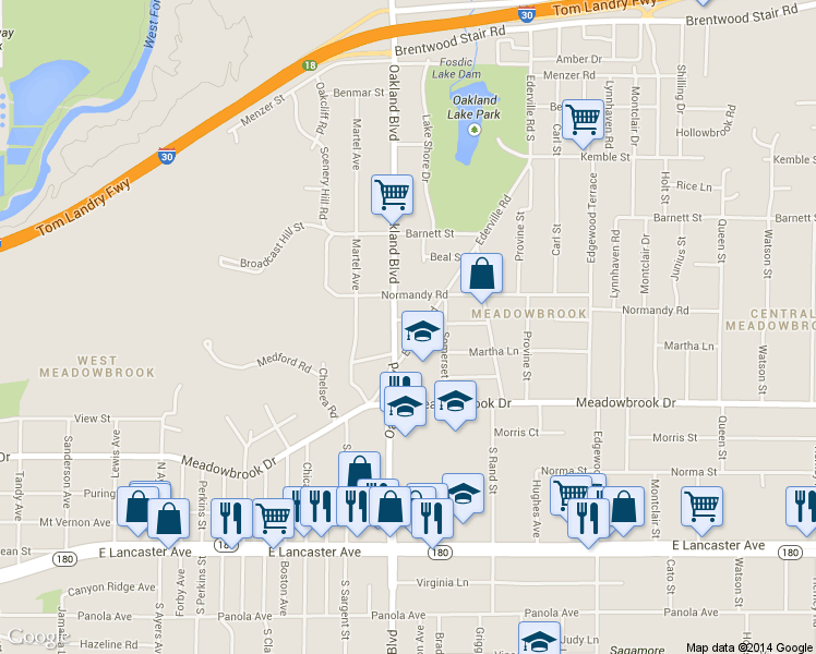 map of restaurants, bars, coffee shops, grocery stores, and more near 2001 Oakland Boulevard in Fort Worth