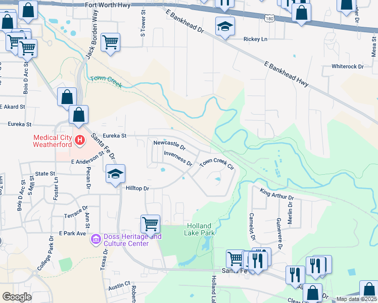 map of restaurants, bars, coffee shops, grocery stores, and more near 1014 Newcastle Drive in Weatherford