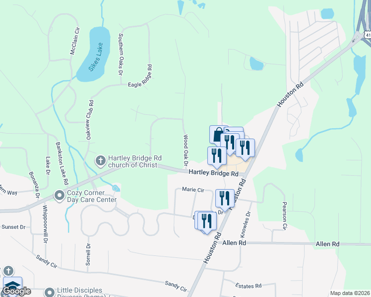 map of restaurants, bars, coffee shops, grocery stores, and more near 5535 Wood Oak Drive in Macon