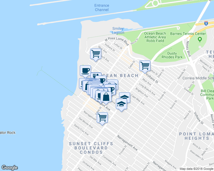 map of restaurants, bars, coffee shops, grocery stores, and more near 4954 Saratoga Avenue in San Diego