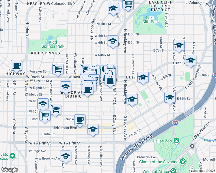 map of restaurants, bars, coffee shops, grocery stores, and more near 217 West Eighth Street in Dallas