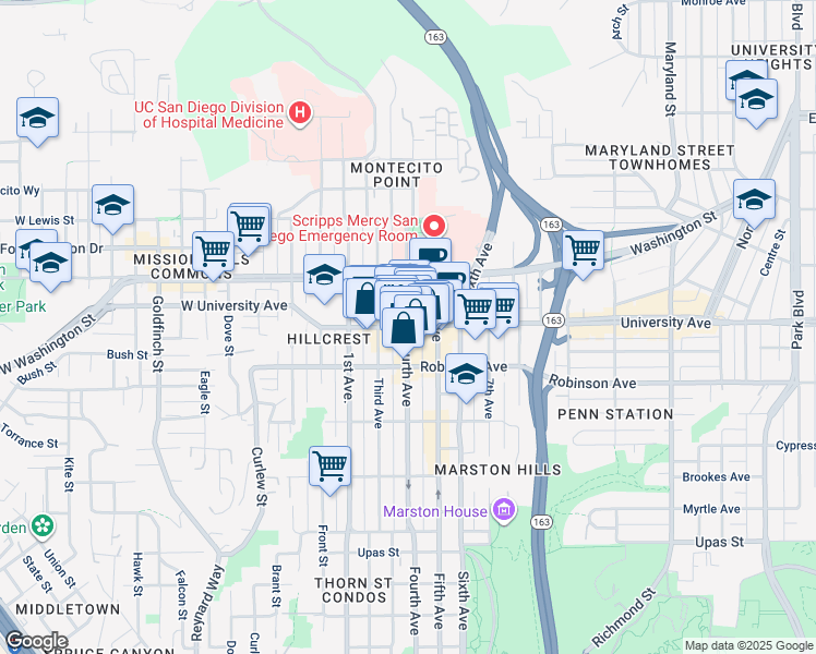 map of restaurants, bars, coffee shops, grocery stores, and more near University Avenue & 4th Avenue in San Diego