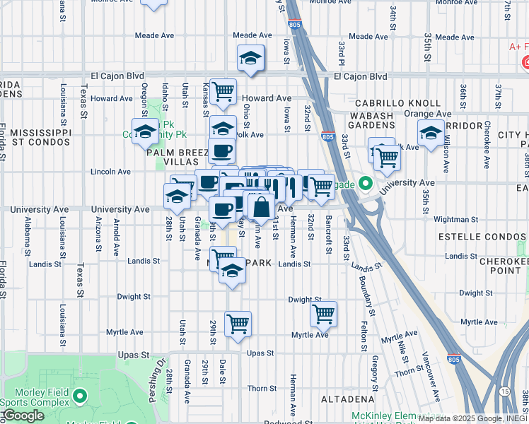 map of restaurants, bars, coffee shops, grocery stores, and more near in San Diego