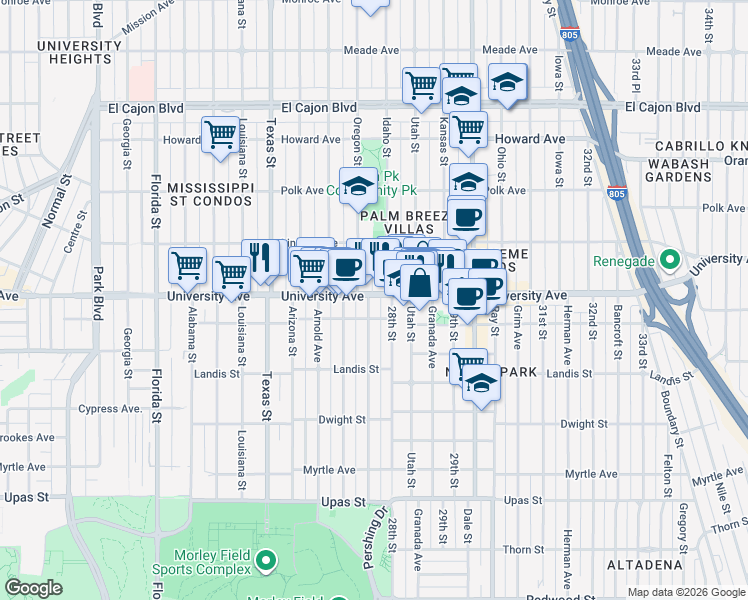 map of restaurants, bars, coffee shops, grocery stores, and more near 3820 Pershing Avenue in San Diego
