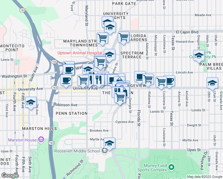 map of restaurants, bars, coffee shops, grocery stores, and more near in San Diego