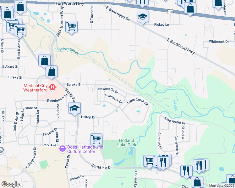 map of restaurants, bars, coffee shops, grocery stores, and more near 1019 Newcastle Drive in Weatherford