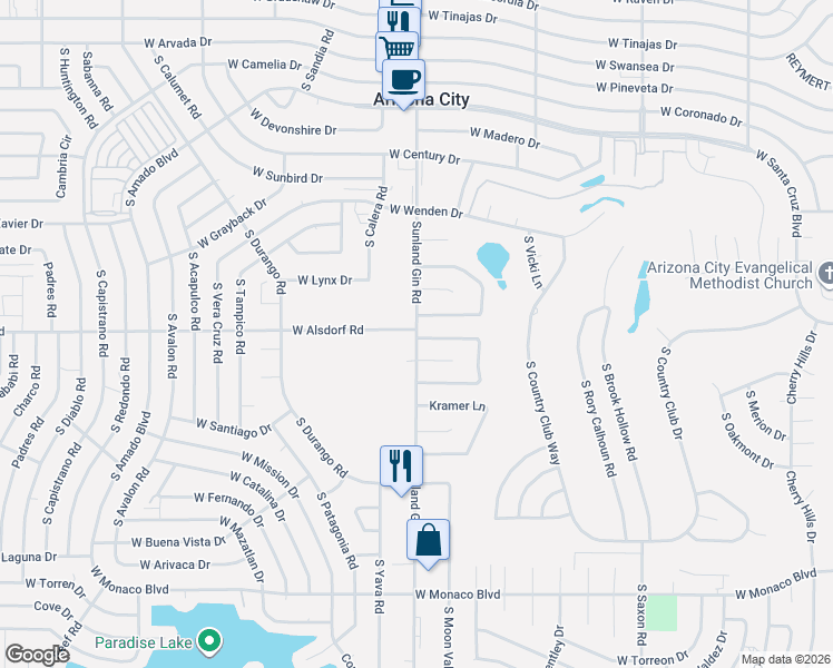 map of restaurants, bars, coffee shops, grocery stores, and more near 9581 West Hartigan Lane in Arizona City