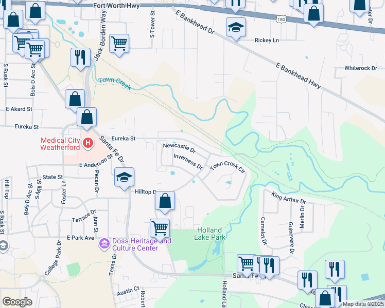 map of restaurants, bars, coffee shops, grocery stores, and more near 1021 Newcastle Drive in Weatherford