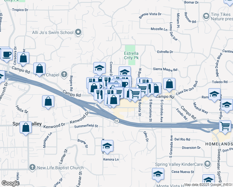 map of restaurants, bars, coffee shops, grocery stores, and more near 9809 Campo Road in Spring Valley