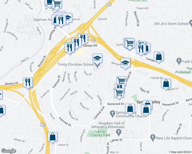 map of restaurants, bars, coffee shops, grocery stores, and more near 3745 Fenwick Drive in Spring Valley