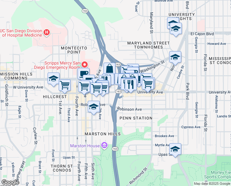 map of restaurants, bars, coffee shops, grocery stores, and more near 823 University Avenue in San Diego