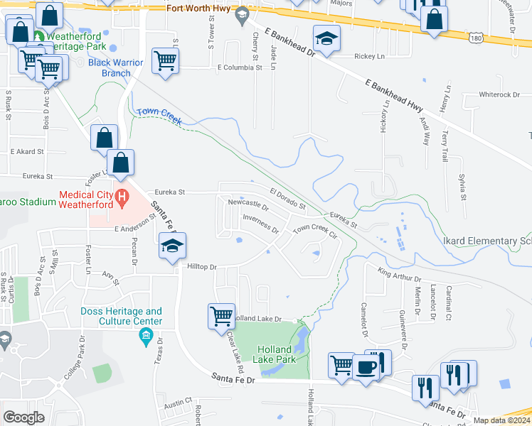 map of restaurants, bars, coffee shops, grocery stores, and more near 1023 Newcastle Drive in Weatherford