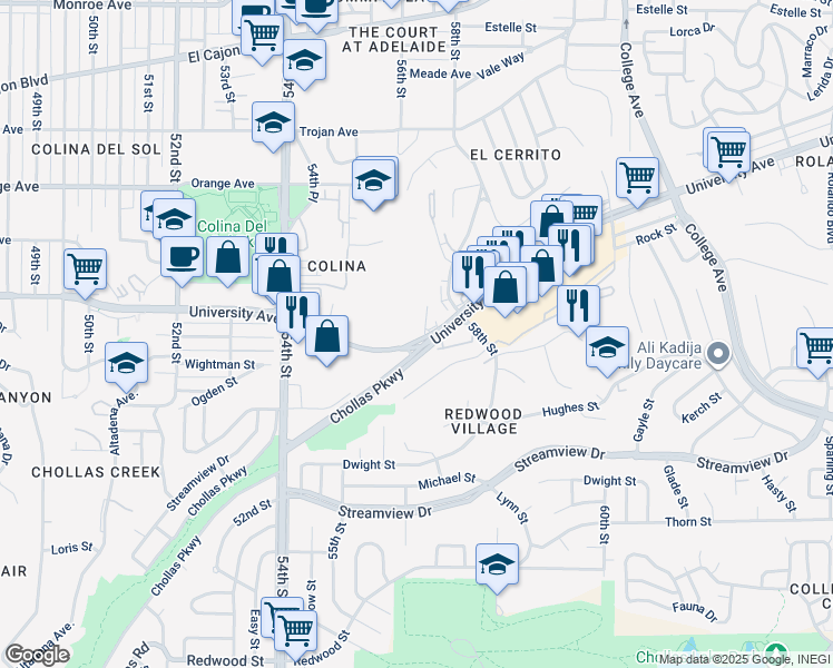 map of restaurants, bars, coffee shops, grocery stores, and more near 5622 University Avenue in San Diego