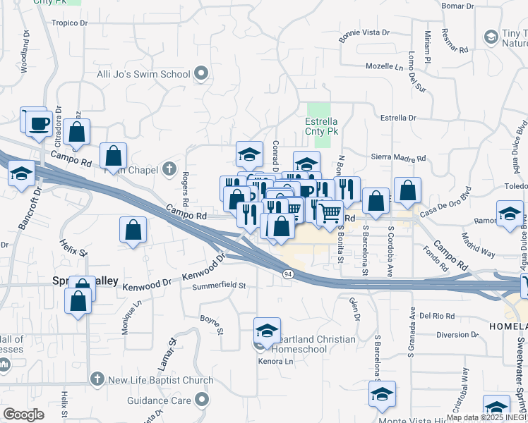 map of restaurants, bars, coffee shops, grocery stores, and more near 9682 Campo Road in Spring Valley
