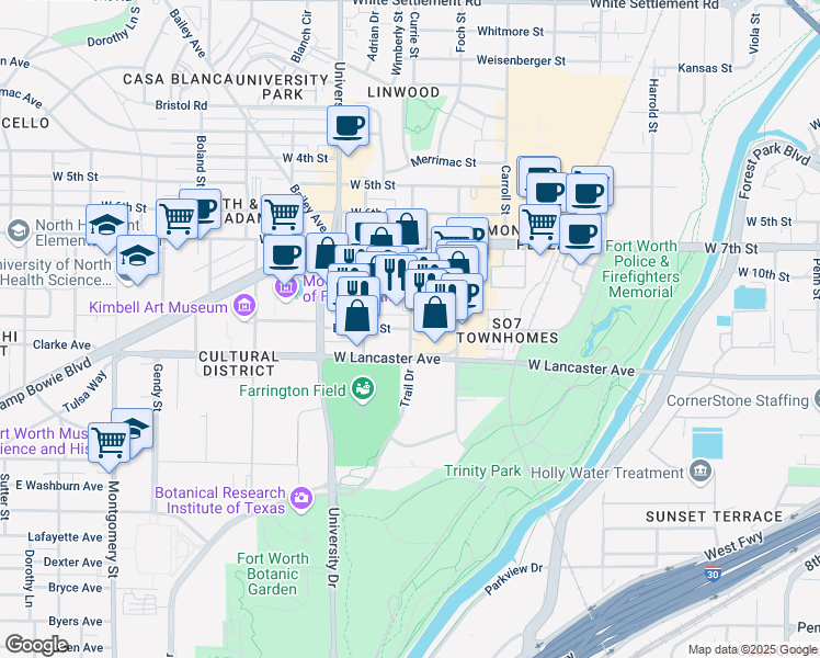 map of restaurants, bars, coffee shops, grocery stores, and more near Currie Street & Bledsoe Street in Fort Worth