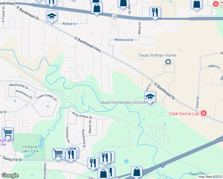 map of restaurants, bars, coffee shops, grocery stores, and more near 949 Sylvia Street in Weatherford