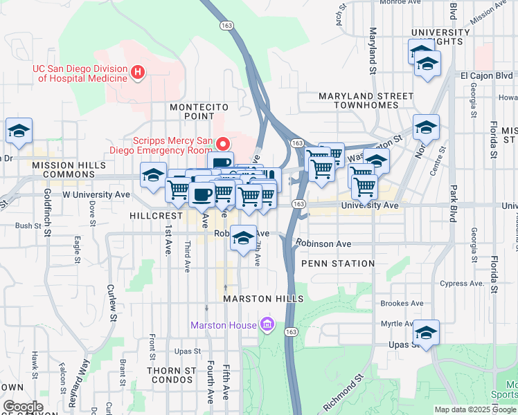 map of restaurants, bars, coffee shops, grocery stores, and more near 3801 7th Avenue in San Diego