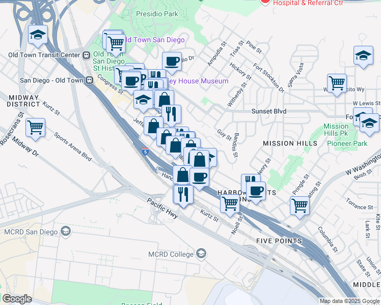 map of restaurants, bars, coffee shops, grocery stores, and more near 2225 Congress Street in San Diego