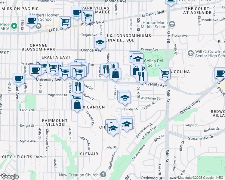 map of restaurants, bars, coffee shops, grocery stores, and more near 3833 50th Street in San Diego