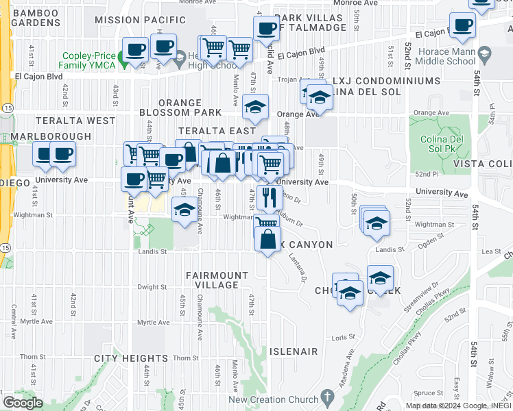 map of restaurants, bars, coffee shops, grocery stores, and more near 4718 Wightman Street in San Diego