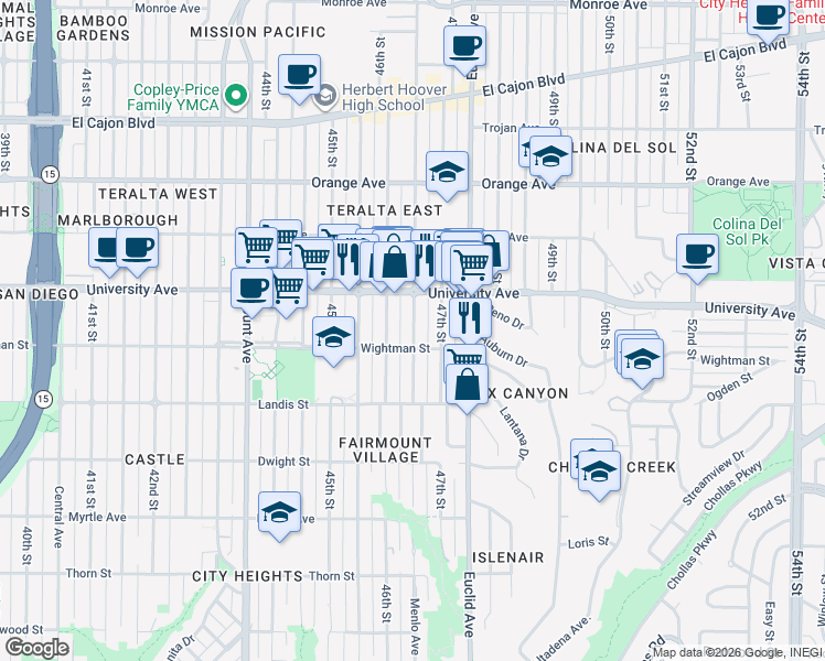 map of restaurants, bars, coffee shops, grocery stores, and more near 3814 Menlo Avenue in San Diego