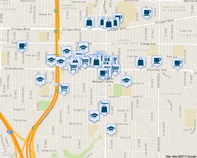 map of restaurants, bars, coffee shops, grocery stores, and more near 134 Wightman Street in San Diego