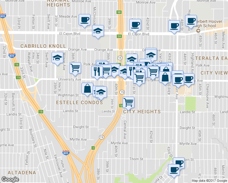 map of restaurants, bars, coffee shops, grocery stores, and more near 3812 40th Street in San Diego