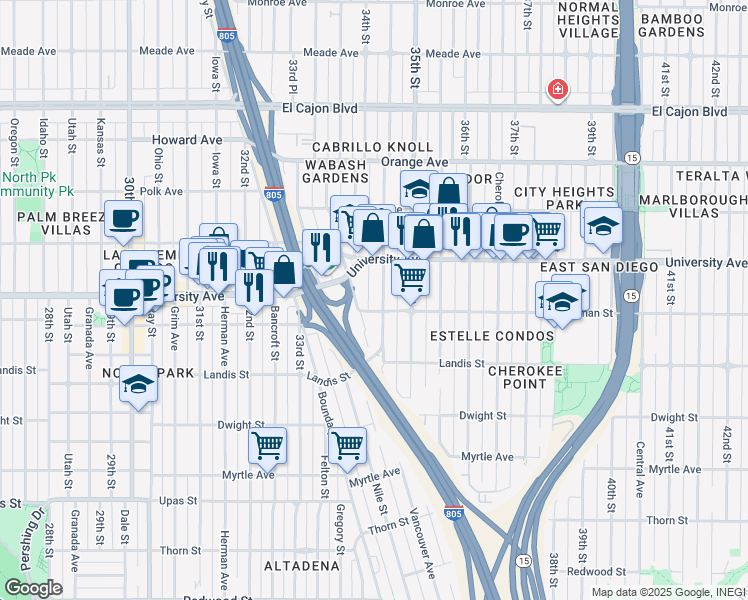 map of restaurants, bars, coffee shops, grocery stores, and more near 3803 Wabash Avenue in San Diego
