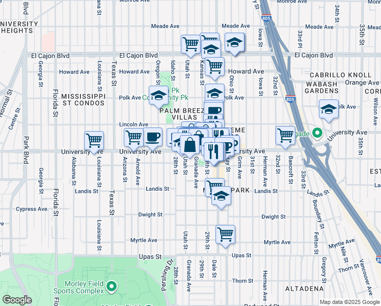 map of restaurants, bars, coffee shops, grocery stores, and more near 3830 Granada Avenue in San Diego