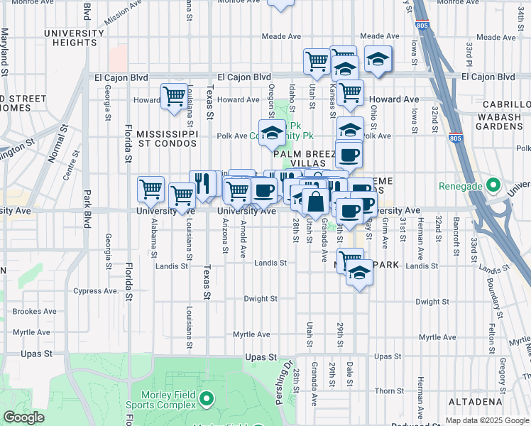 map of restaurants, bars, coffee shops, grocery stores, and more near 3820 Pershing Avenue in San Diego