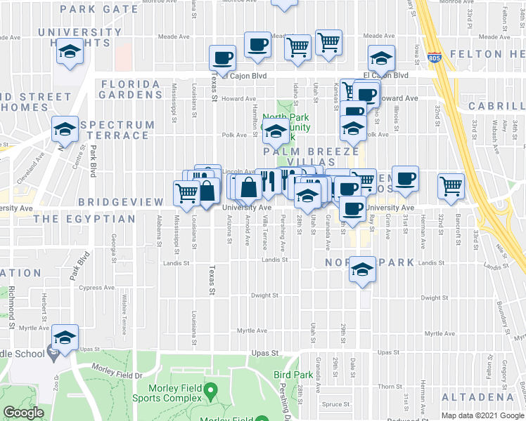 map of restaurants, bars, coffee shops, grocery stores, and more near 3825 Arnold Avenue in San Diego