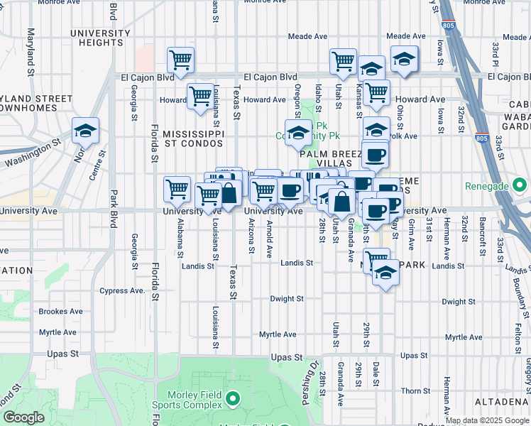 map of restaurants, bars, coffee shops, grocery stores, and more near 3825 Arnold Avenue in San Diego