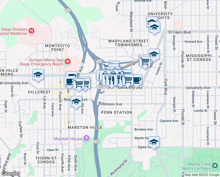 map of restaurants, bars, coffee shops, grocery stores, and more near 1037 University Avenue in San Diego