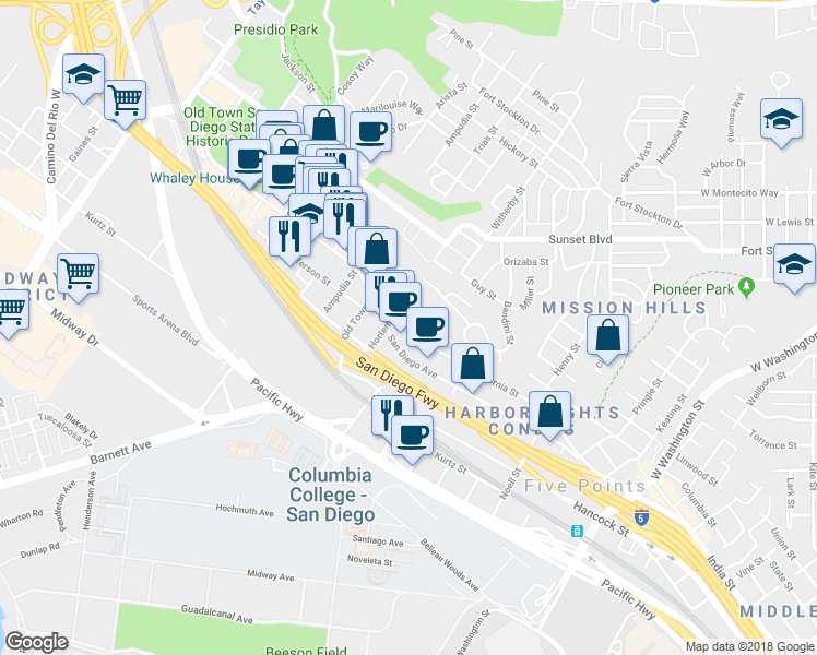 map of restaurants, bars, coffee shops, grocery stores, and more near 3906 West California Street in San Diego