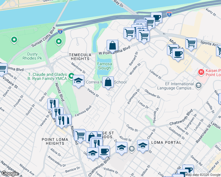 map of restaurants, bars, coffee shops, grocery stores, and more near 2654 Worden Street in San Diego