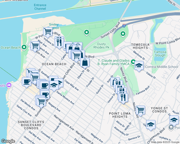 map of restaurants, bars, coffee shops, grocery stores, and more near 4615 Voltaire Street in San Diego